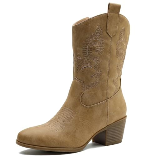 GLOBALWIN Women's Mid Calf Western Cowgirl Bootschunky Low Heel