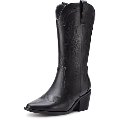 Solestique Women's Cowboy Boots: Embroidered Mid-Calf Heeled Cowgirl Style