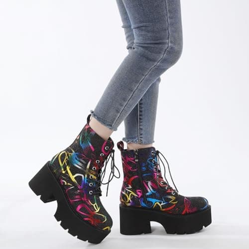 LIXGVHRO Women's Black Sparkly Glitter Gothic Platform Boots Multicolour