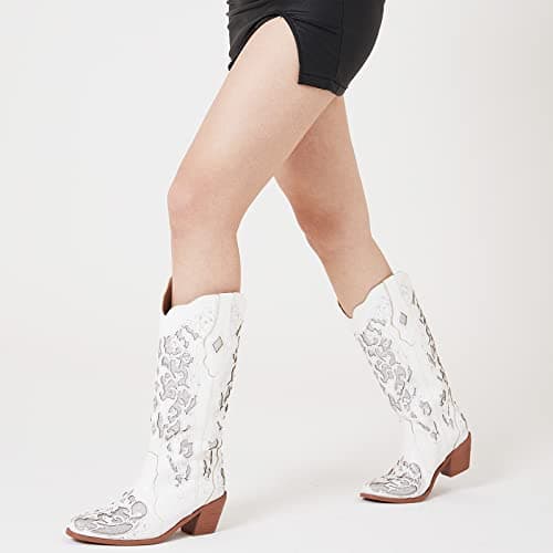 Glitter Cowboy Boots for Women: Mid-Heel Rhinestone Embroidered Mid-Calf Bridal Boots