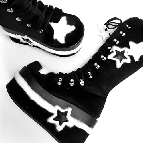 GURURU Warm Fur Punk Goth Mid Calf Boot with Star Heel