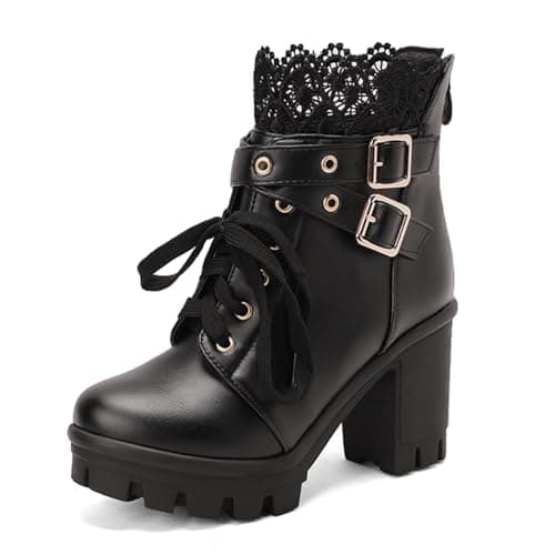 MEOTINA Goth Chunky Platform Ankle Boots with Lace and Buckle
