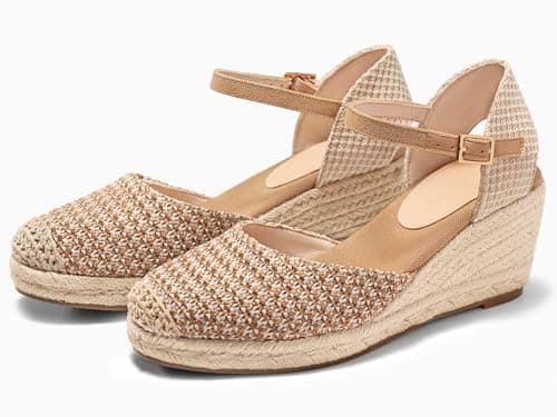 Coutgo Women's Raffia Platform Wedge Sandals with Ankle Buckle Strap