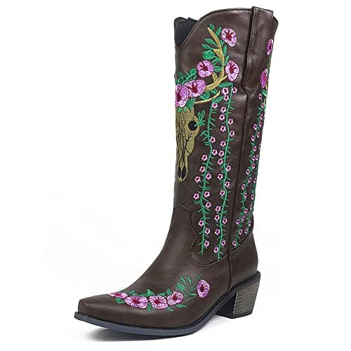 Mikarka Women's Retro Floral Embroidered Western Cowboy Mid-Calf Boots