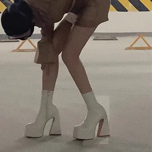 Woman Mid Calf Square Toe Chunky Heel Zipper Booties