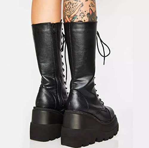 UOQAPRE Women's Winter Punk Chunky Mid-Calf Booties Heel Side Zip Rounds Toe