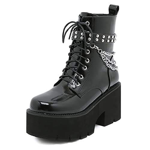 Mikarka Women's Black Chunky Heel Combat Booties