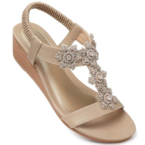 SHIBEVER Women's Comfortable Floral Open Toe Wedge Sandals