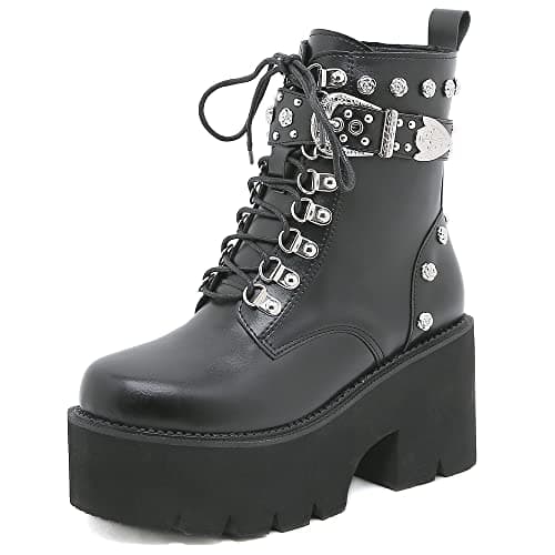 YIYA Women's Black Gothic Platform Ankle Boots with Bat Wing Buckles