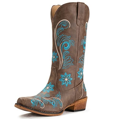 IUV Women's Mid Calf Cowboy Boots with Embroidery and Pull-On Tabs