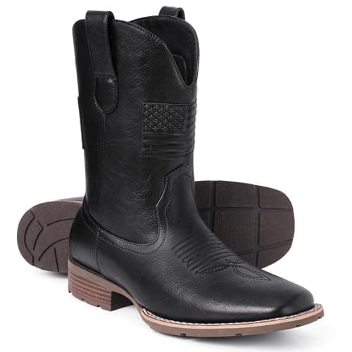 Platikly Men's Square Toe Western Boot with Flag Emblem