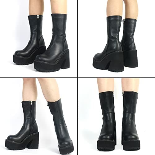 AMINUGAL Women's Chunky Wedge Heel Ankle Boots with Zipper - Fashionable Mid Calf Combat Booties