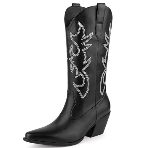 MISSMILLER Women's Cowboy Boots Mid Calf Embroidered Pointed Toe Heel