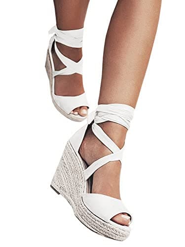 Fashare Women's Open Toe Wedge Heels Sandals with Tie Lace-Up Ankle Strap