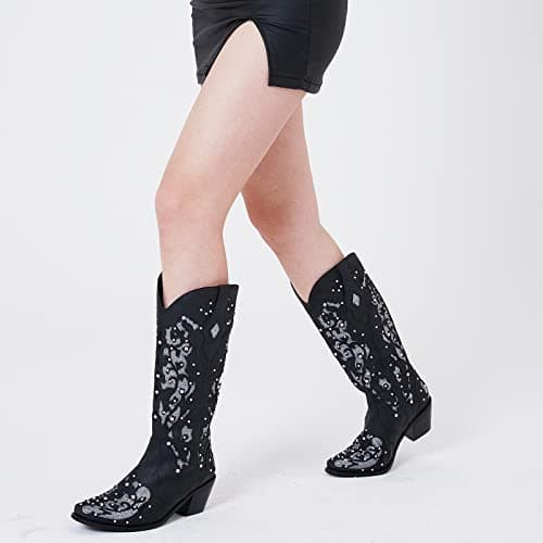 Glitter Mid-Heel Cowgirl Boots for Women with Rhinestones and Embroidery