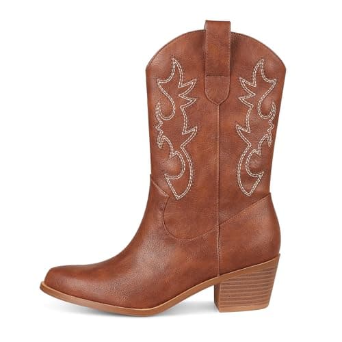 Vimisaoi Women's Retro Embroidered Mid Calf Cowboy Boots