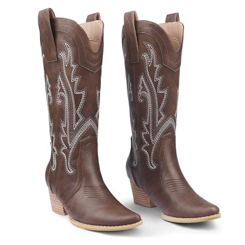 Zzheels Women's Mid-calf Embroidered Cowboy Boots Chunky Heels
