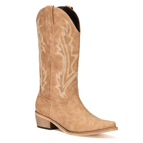 RURUNA Women's Black Mid-Calf Square Toe Cowboy Boots