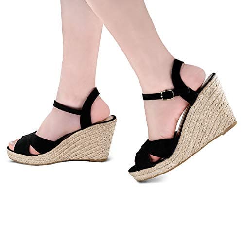 TF Star wedge sandals for women, jute rope ankle strap espadrille Heel sandals