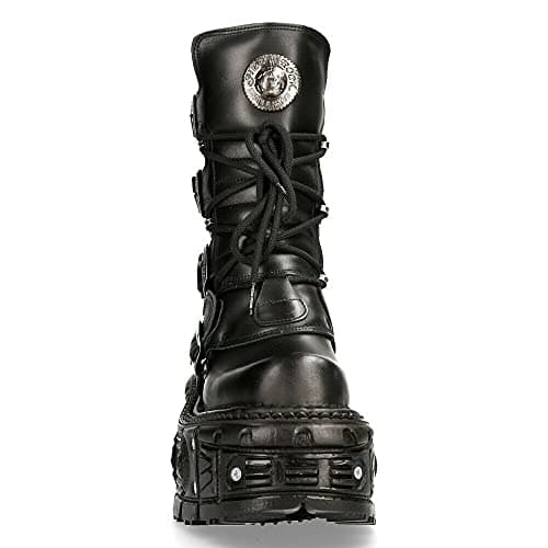 New Rock Black Leather Unisex Combat Platform Biker Goth Shoes Tank373-S1