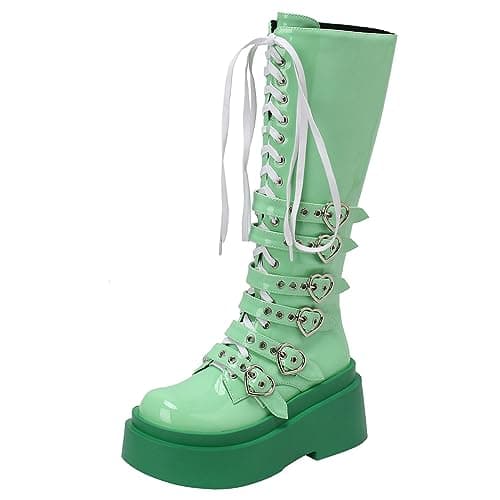 Parisuit Women's Gothic Knee High Lace-Up Buckle Boots Chunky Heel