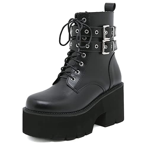 mikarka Women's Studded Black Chunky Heel Combat Ankle Boots