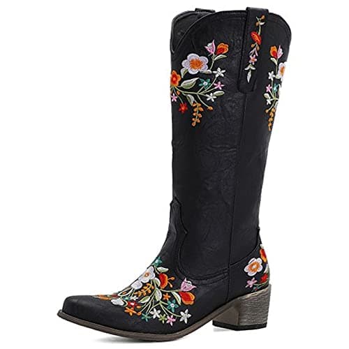 Erocalli Women's Western Mid Heel Embroidered Claf Boot