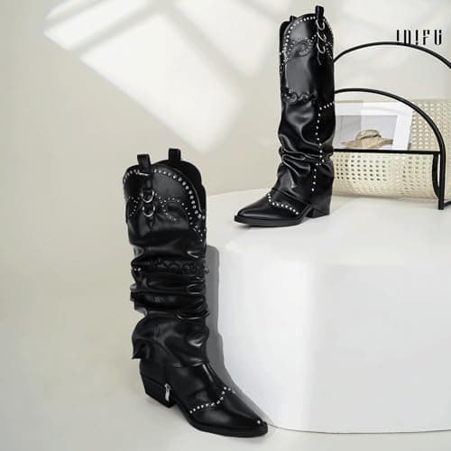 IDIFU IN2 Fold Over Cowboy Boots - Women's Western Embroidered Knee High Heel