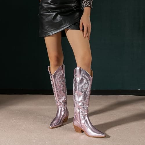 Amoji Women's Western Cowboy Knee High Boot with Zip Pull-On