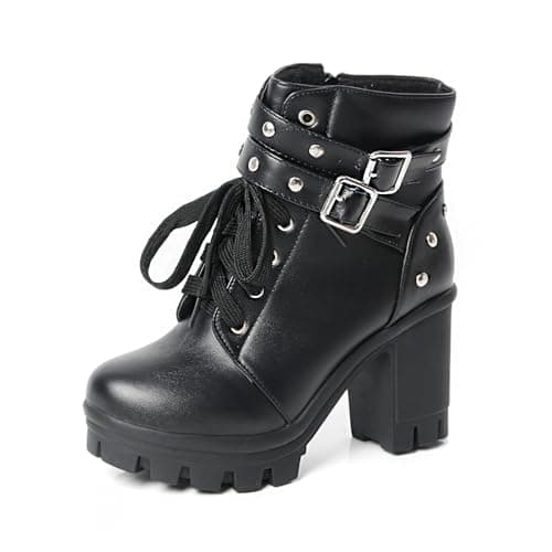 MEOTINA Goth Chunky Platform Ankle Boots with Lace and Buckle