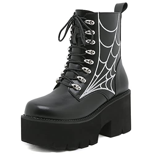 YIYA Women's Black Gothic Platform Ankle Boots with Bat Wing Buckles