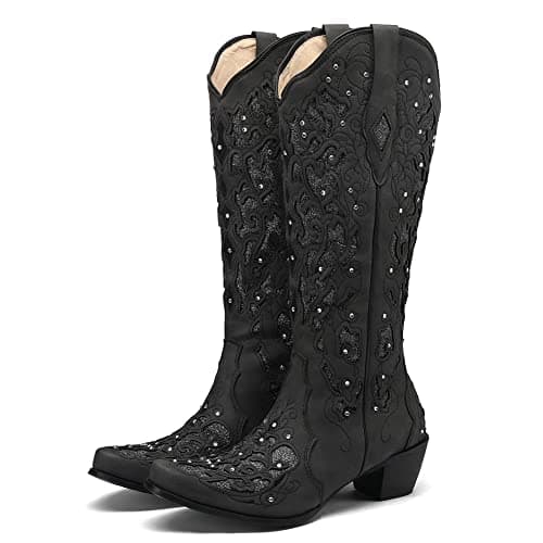 SaraIris Black Cowgirl Knee High Boots for Women