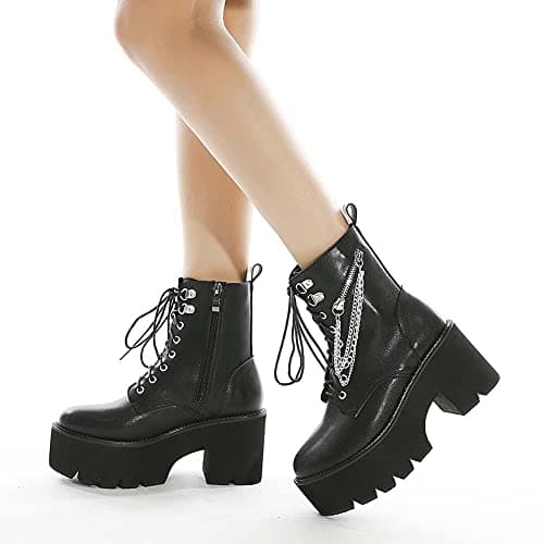 Mikarka Women's Studded Chain Ankle Boots - Chunky Heel Combat Booties