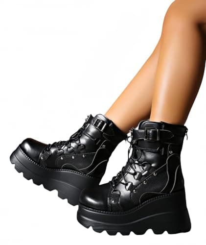 MACVISE Womens Gothy Platform Boots Chunky Heel Booties for Women Round Toe Combat Ankle Boots Lace Up Motorcycle Wedges Shoes