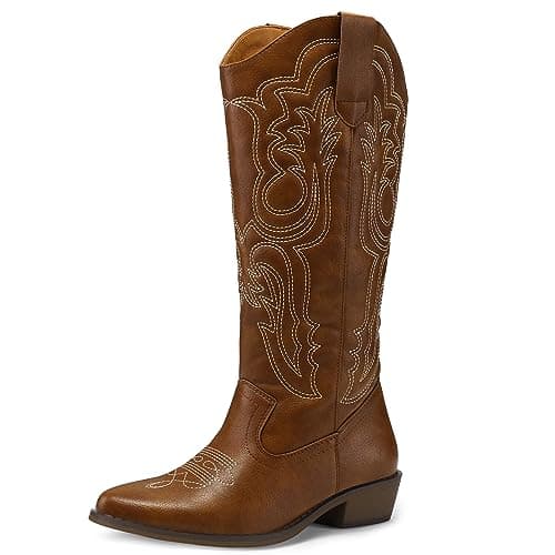 Mysoft Women's Cowboy Boots - Embroidered Knee High Pointed Toe Heel