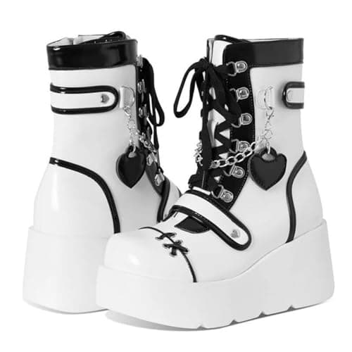 UOQAPRE Women's High Heel Combat Boots Square Toe Lace-Up Ankle Booties
