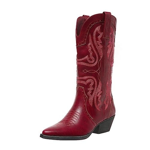 SelRoys Women's Cowboy Mid Calf Western Boots Brown Red Black