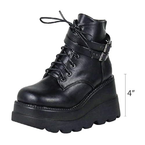 Chunky Platform Combat Boots, Square Toe Zip Heel Ankle Boot for Women
