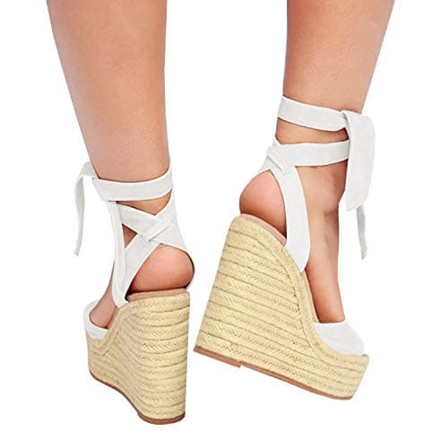 Fashare Women's Open Toe Wedge Heels Sandals with Tie Lace-Up Ankle Strap