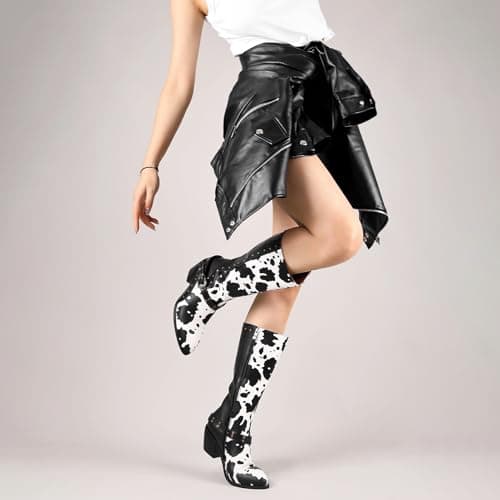Cozivwaiy Women's Studded Cow Print Mid Calf Buckle Boots Chunky Heel Zipper