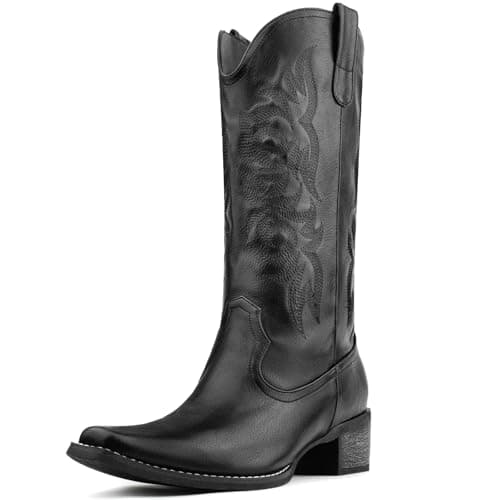 MISSMILLER Women's Cowboy Boots Mid Calf Embroidered Pointed Toe Heel