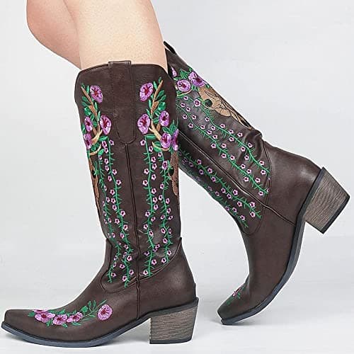 Mikarka Women's Retro Floral Embroidered Western Cowboy Mid-Calf Boots