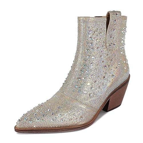 Sparkly Rhinestone Cowboy Ankle Boots with Pointed Toe and Chunky Heel by ISNOM