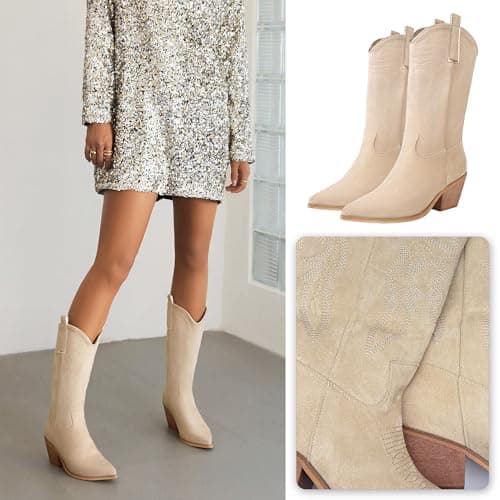 Reitoye Women's Embroidered Western Cowboy Mid Calf Boot with Chunky Heel