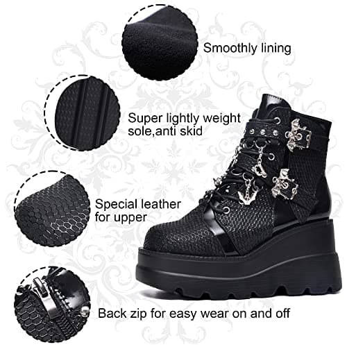 Gothniero Women's Black Holographic Combat Ankle Boots with Chunky Heel and Side Zip (US 5.5-11)