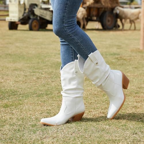 MISSMILLER Women's Embroidered Cowboy Boots with Chunky Heel Mid Calf