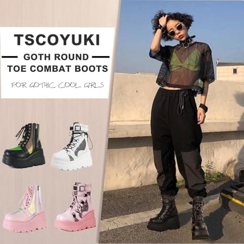 Tscoyuki Chunky Heel Booties for Women Round Toe Gothic Lace-Up Booties
