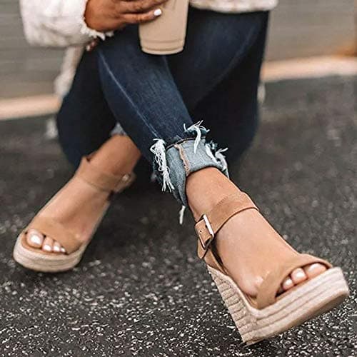 SUMOJIU Women's Open Toe Wedge Sandals, Ankle Strap Summer Casual Straw Woven