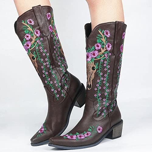 Mikarka Women's Retro Floral Embroidered Western Cowboy Mid-Calf Boots
