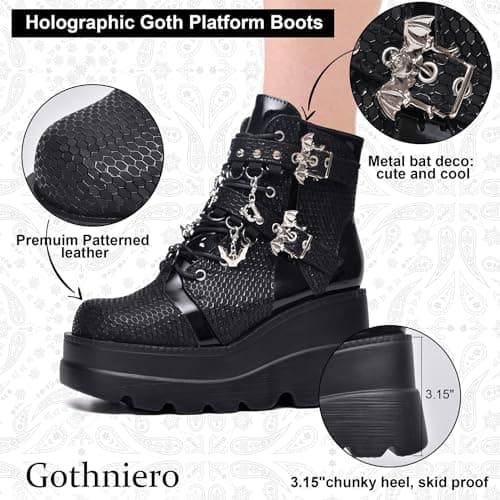 Gothniero Women's Black Holographic Combat Ankle Boots with Chunky Heel and Side Zip (US 5.5-11)